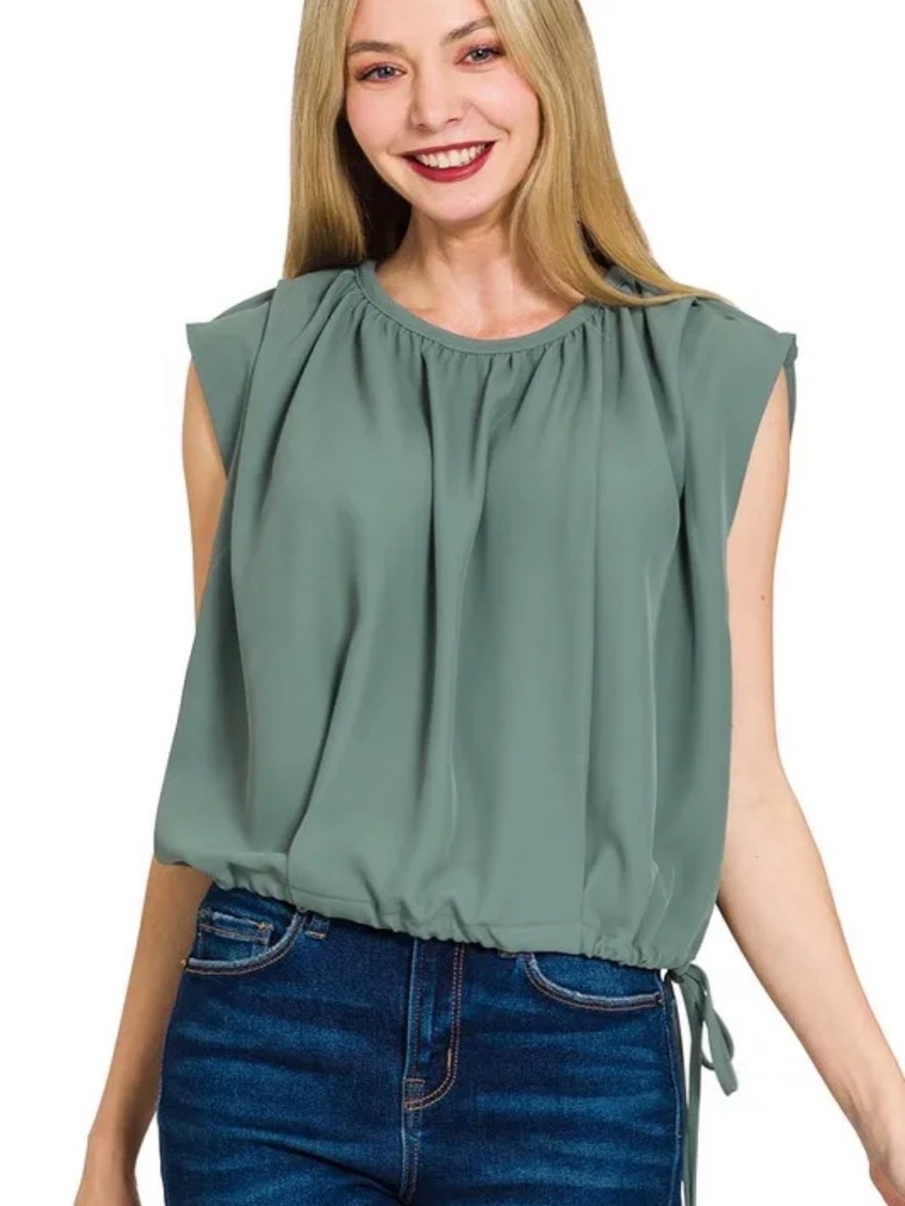 Zenana Outfitters Sage Green Sleeveless Gathered Drawstring Top